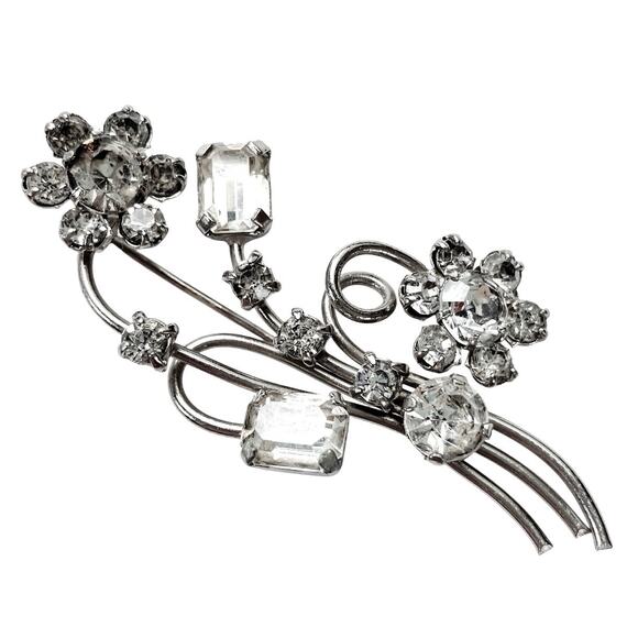 Delicate VTG Mid Century Austrian Brooch, Clear Rhinestones Floral 1950s Jewelry - Picture 1 of 10